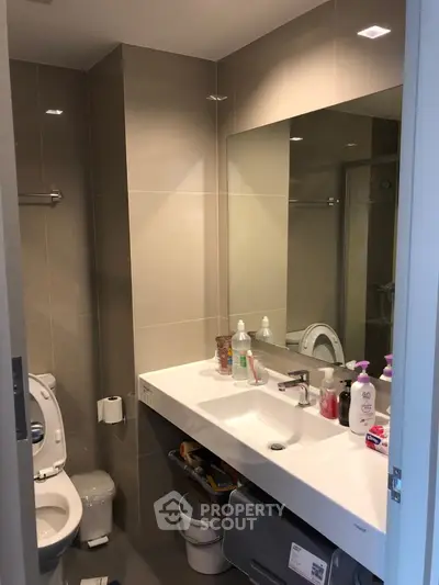 Modern bathroom with sleek design and large mirror