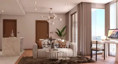 Luxurious modern living room with elegant decor and stunning city view, featuring cozy seating and stylish lighting.