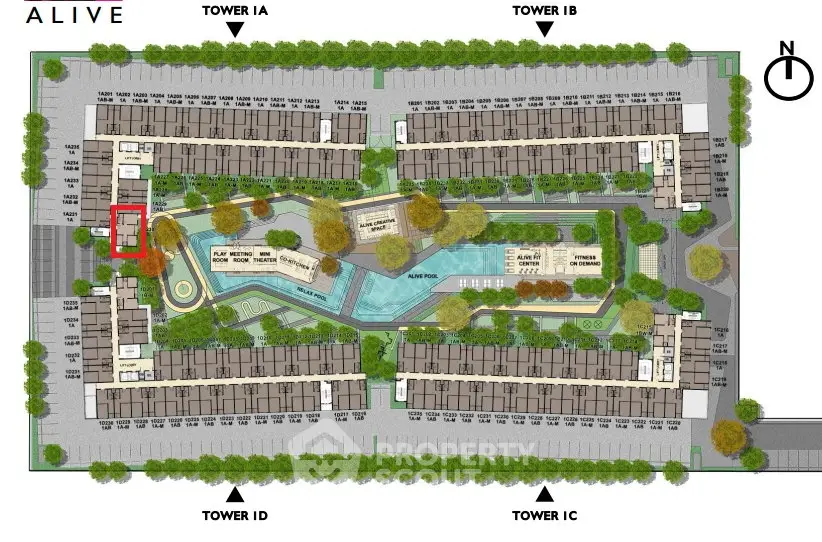 Detailed schematic plan of residential complex with towers, pool, and landscaped areas.