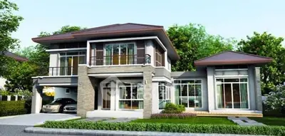 Modern two-story house with large windows and lush greenery, featuring a sleek carport and contemporary design.