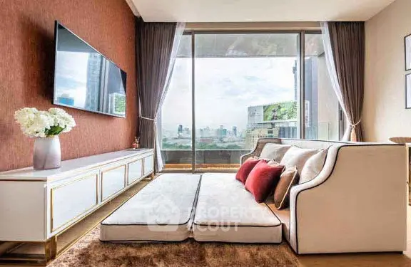 Luxurious living room with modern decor and stunning city view through large windows.