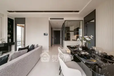 Luxurious modern living room with elegant dining area and open kitchen in high-rise apartment.