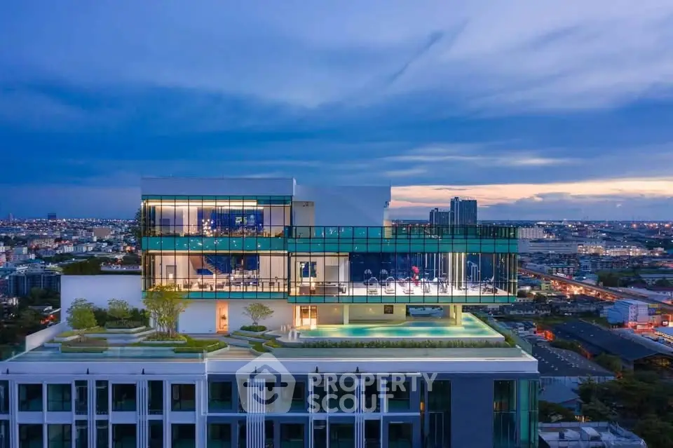 Stunning rooftop view of modern luxury building with cityscape backdrop