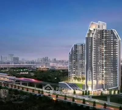 Stunning modern high-rise building with cityscape view at dusk.