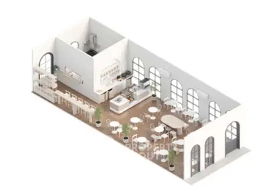 Modern open-layout cafe interior design with stylish furniture and large windows