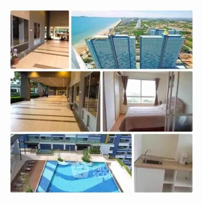 Luxurious beachfront condo with pool, gym, and stunning ocean views, featuring modern interiors and spacious living areas.