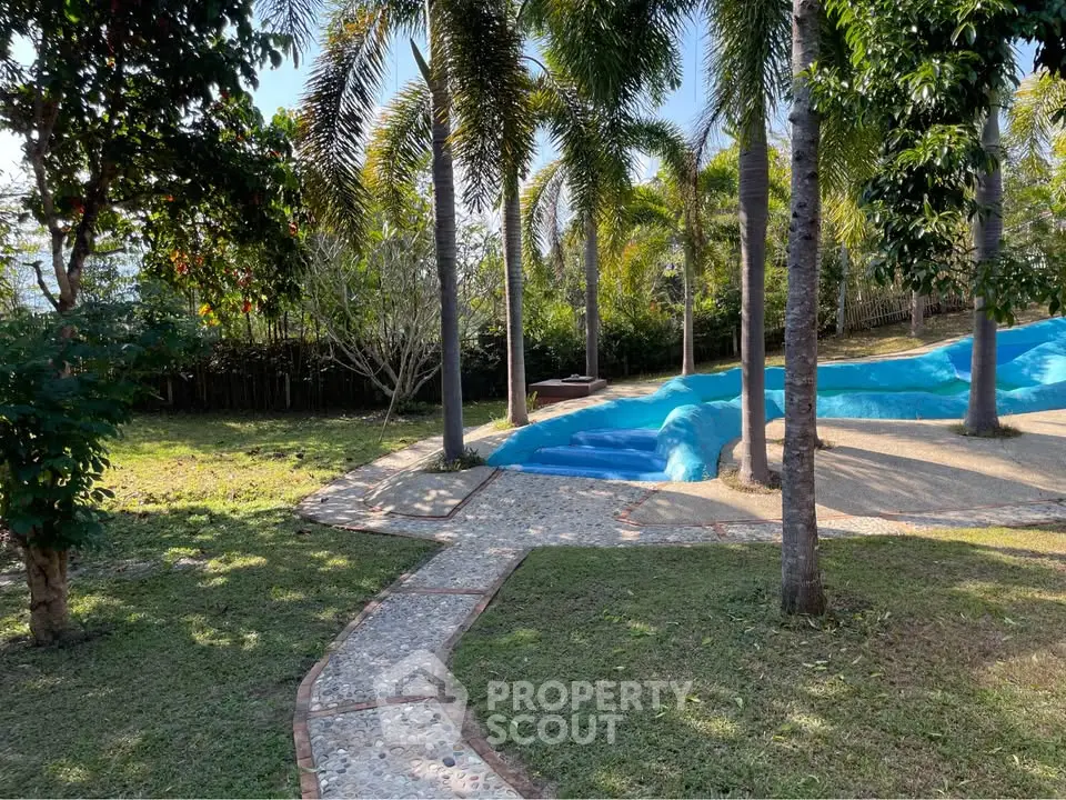 Tropical backyard with a winding pool surrounded by lush palm trees and greenery.