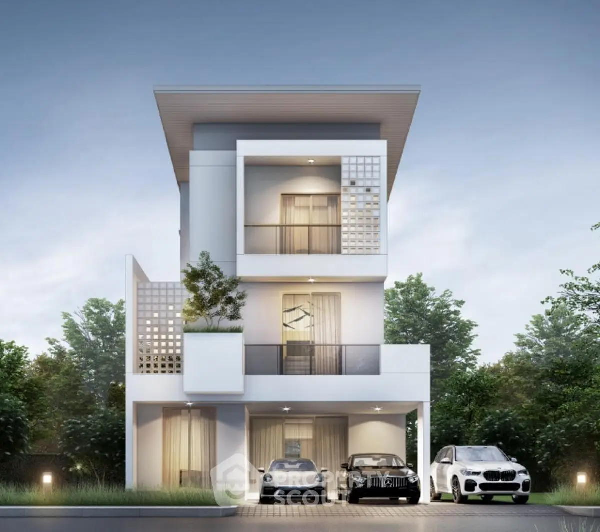 Modern three-story house with luxury cars parked in front, showcasing contemporary architecture and sleek design.