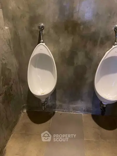 Industrial-style bathroom with two wall-mounted urinals and concrete finish.