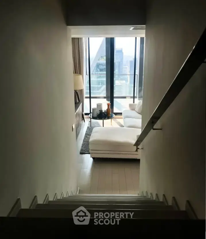 Luxurious living room with stunning city view and modern decor