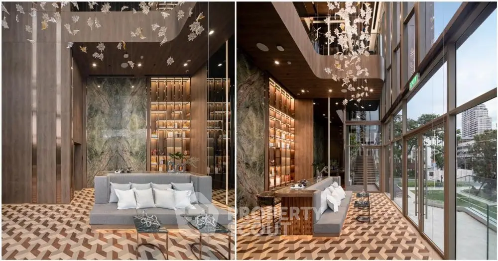 Luxurious modern living room with high ceilings, elegant decor, and floor-to-ceiling windows offering stunning views.