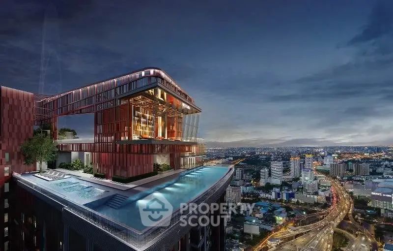 Stunning rooftop pool with panoramic city views at luxury high-rise building