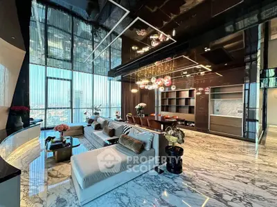 Luxurious modern living room with marble floors and panoramic city view