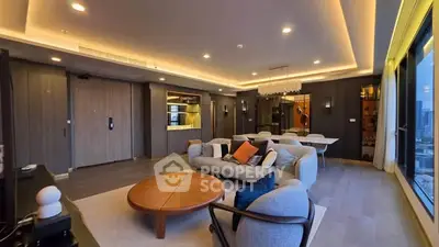 Luxurious modern living room with elegant lighting and city view
