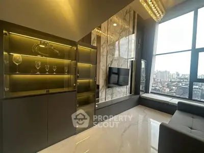 Luxurious modern living room with marble accents and city view