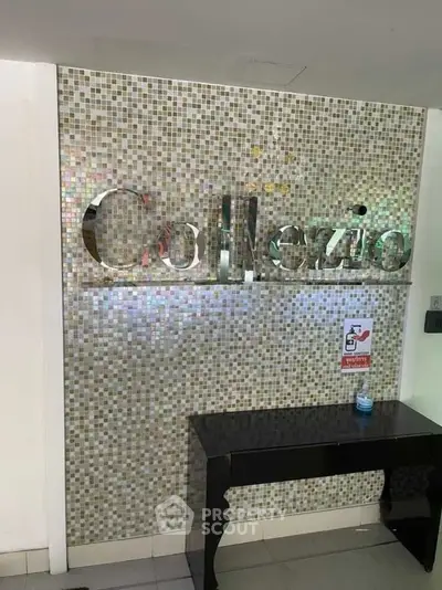 Stylish building entrance with modern mosaic wall and sleek black console table.