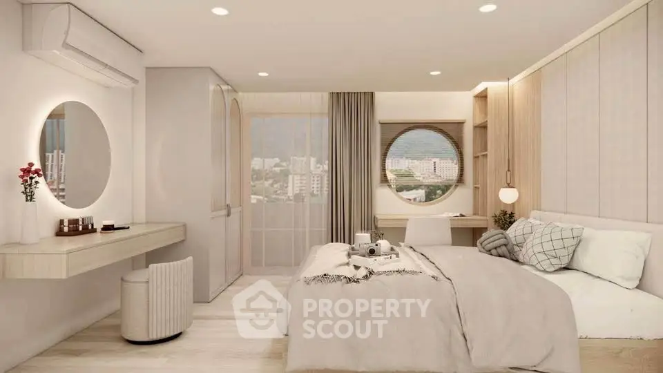 Luxurious modern bedroom with elegant decor and scenic window view.