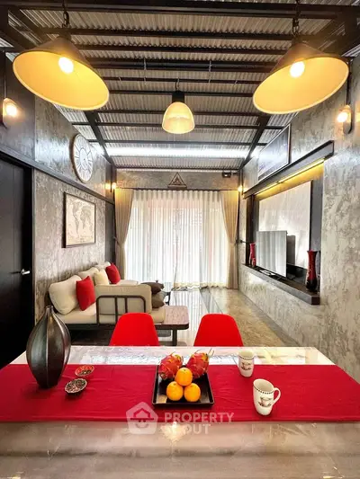 Stylish industrial living room with modern decor and cozy seating area