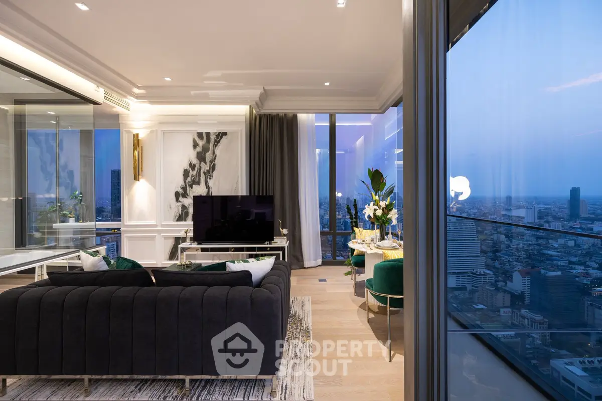Luxurious high-rise living room with stunning city view and elegant decor