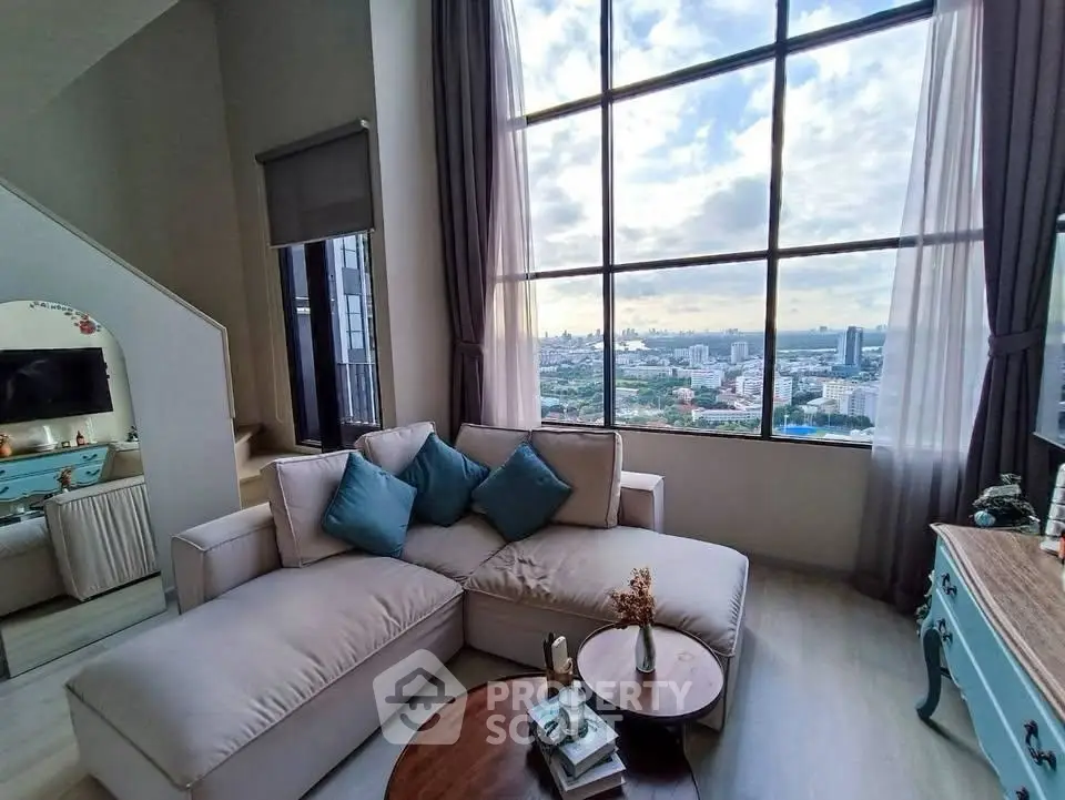 Luxurious living room with stunning city view and elegant decor