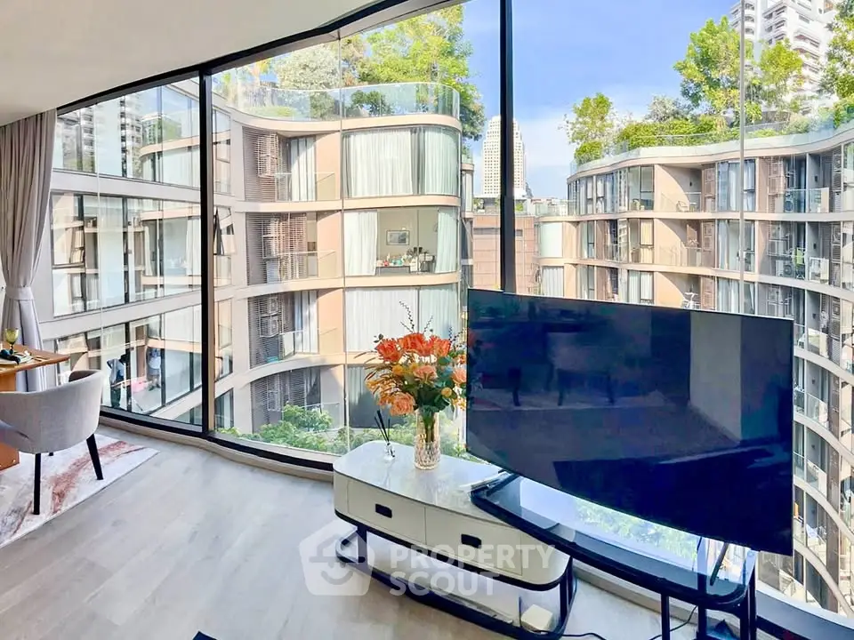 Luxurious living room with panoramic city view and modern decor