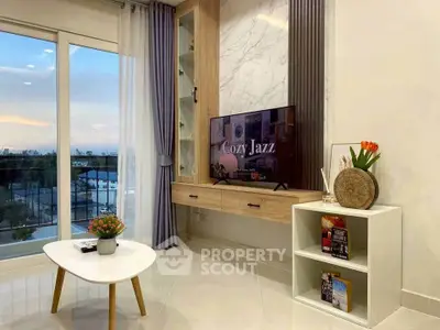 Modern living room with large window and stylish decor