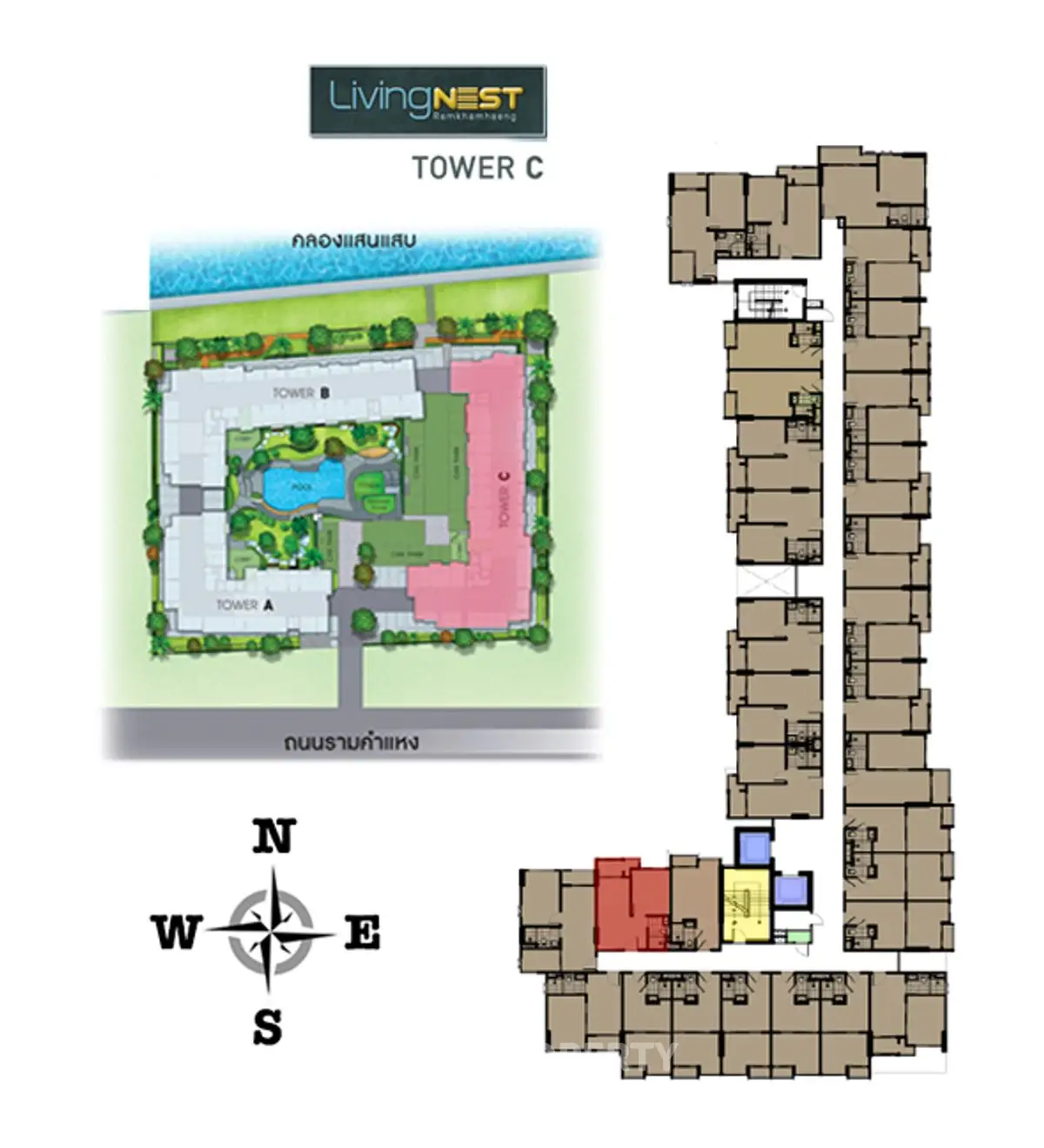 Detailed schematic plan of Living Nest Tower C with floor layout and compass direction.