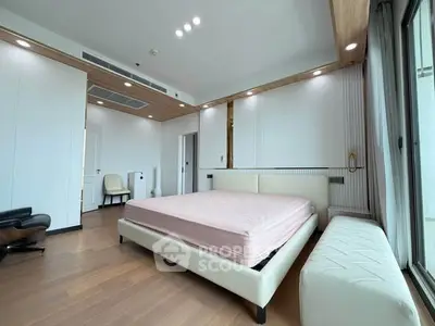 Spacious modern bedroom with elegant design and large windows for natural light.