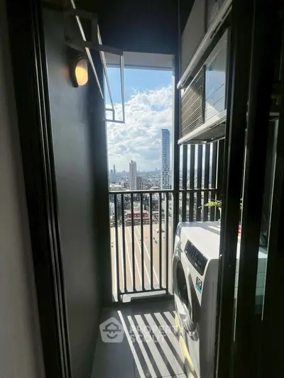 Modern balcony with washing machine and stunning city view