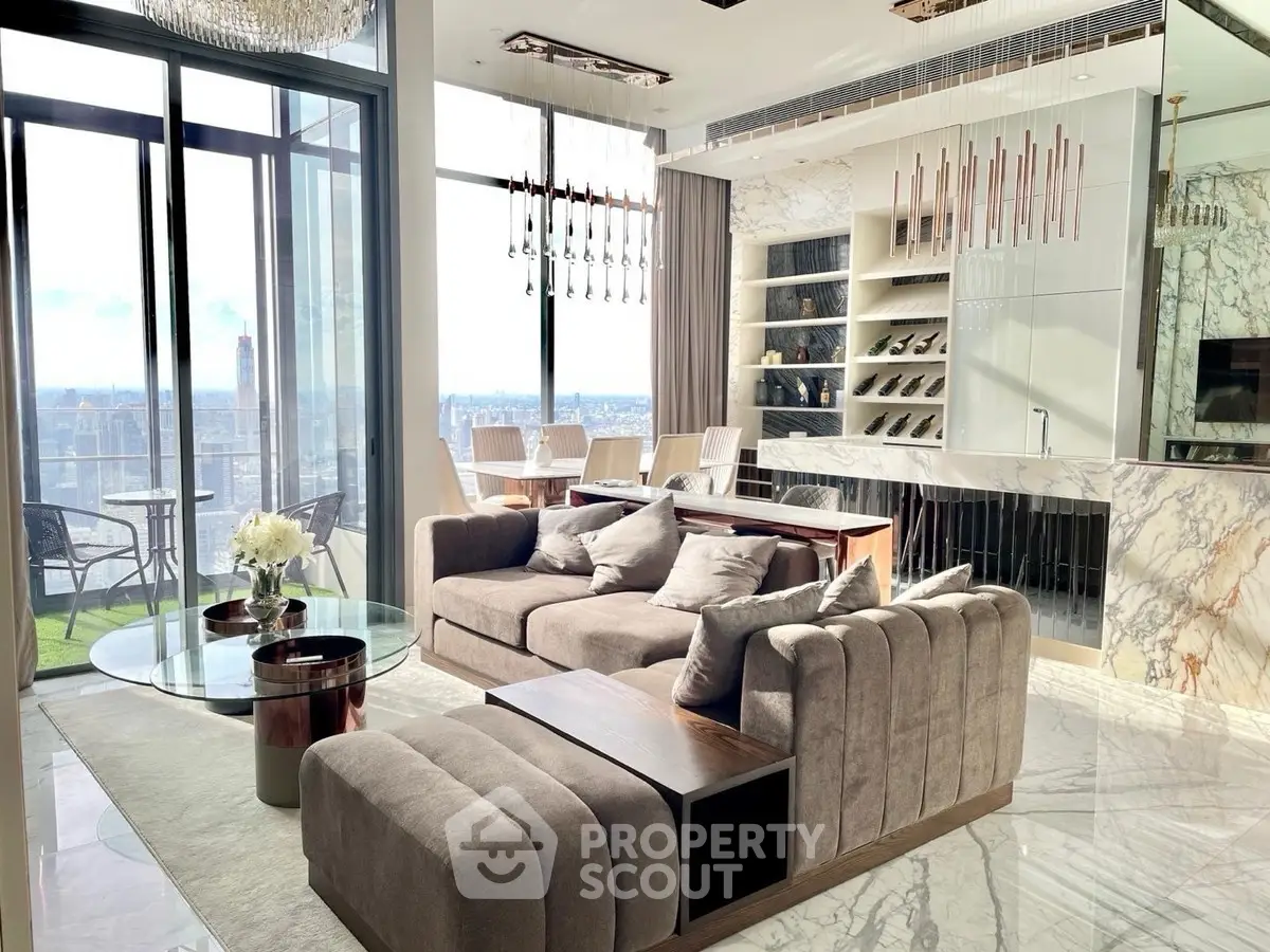 Luxurious modern living room with panoramic city views and elegant decor