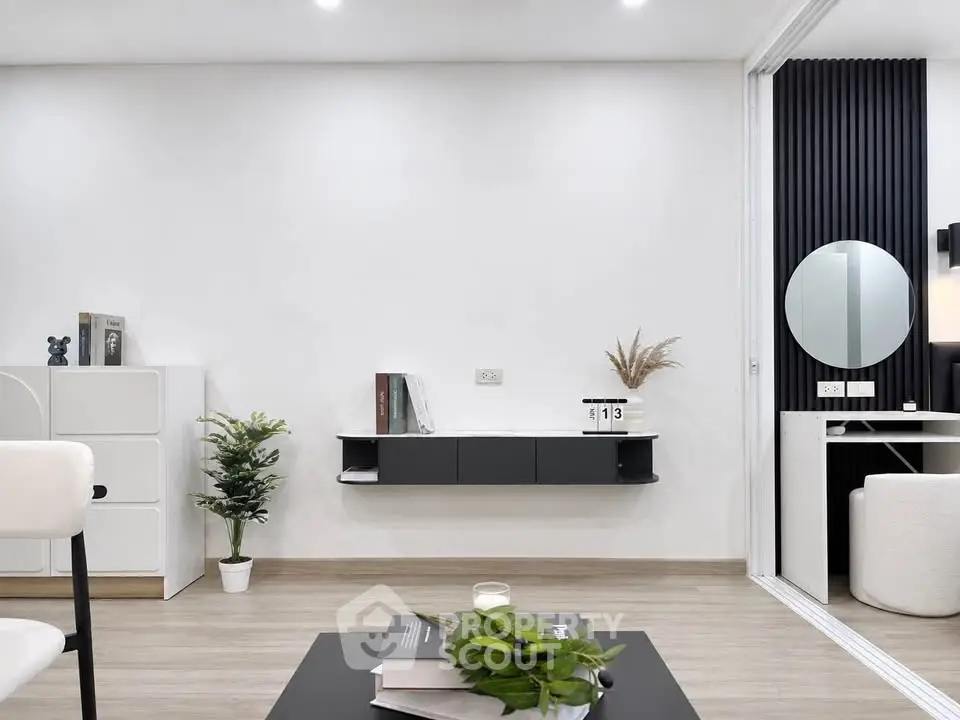 Modern minimalist living room with sleek furniture and stylish decor