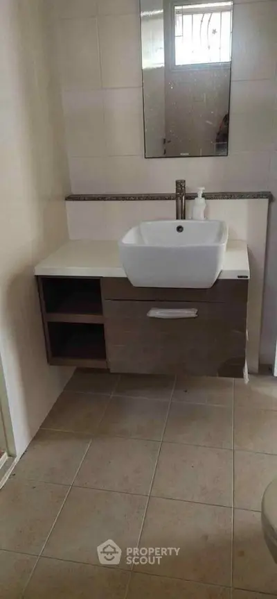 Modern bathroom with sleek sink and mirror, ideal for contemporary homes.