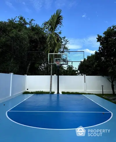 Stunning outdoor basketball court in a lush garden setting, perfect for sports enthusiasts.