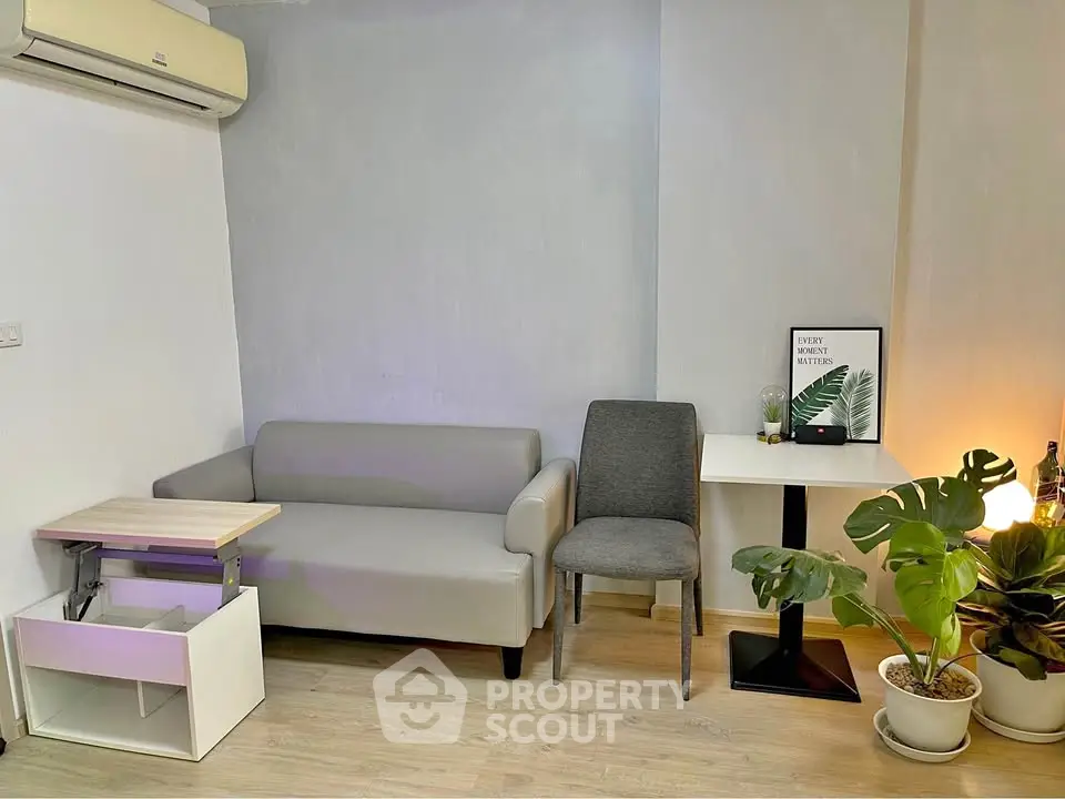 Cozy living room with modern furniture and stylish decor, featuring a compact sofa and indoor plants.