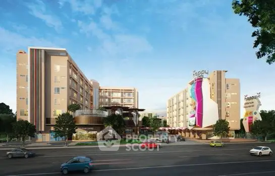 Modern apartment complex with vibrant exterior design and street view