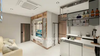Modern living room with sleek kitchen and stylish shelving in a contemporary apartment.