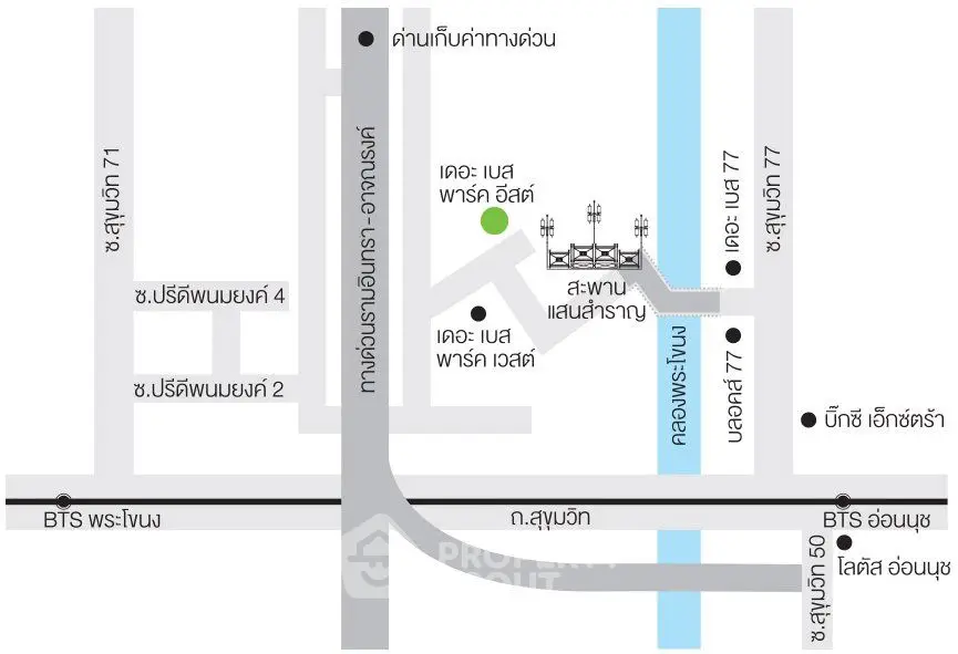 Map showing real estate location near BTS Phra Khanong and On Nut.