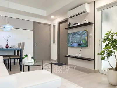Modern living room with stylish decor and dining area, featuring a wall-mounted TV and air conditioning.