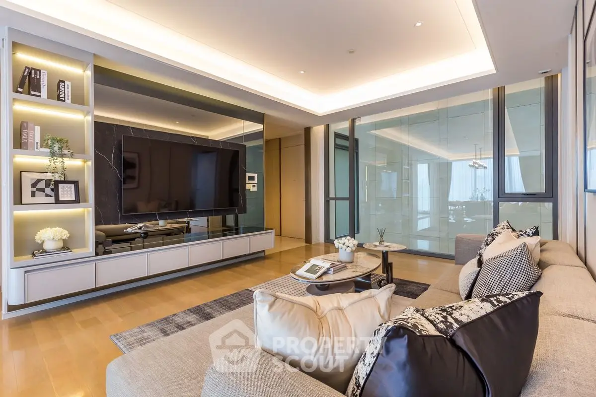 Luxurious modern living room with sleek design and large TV
