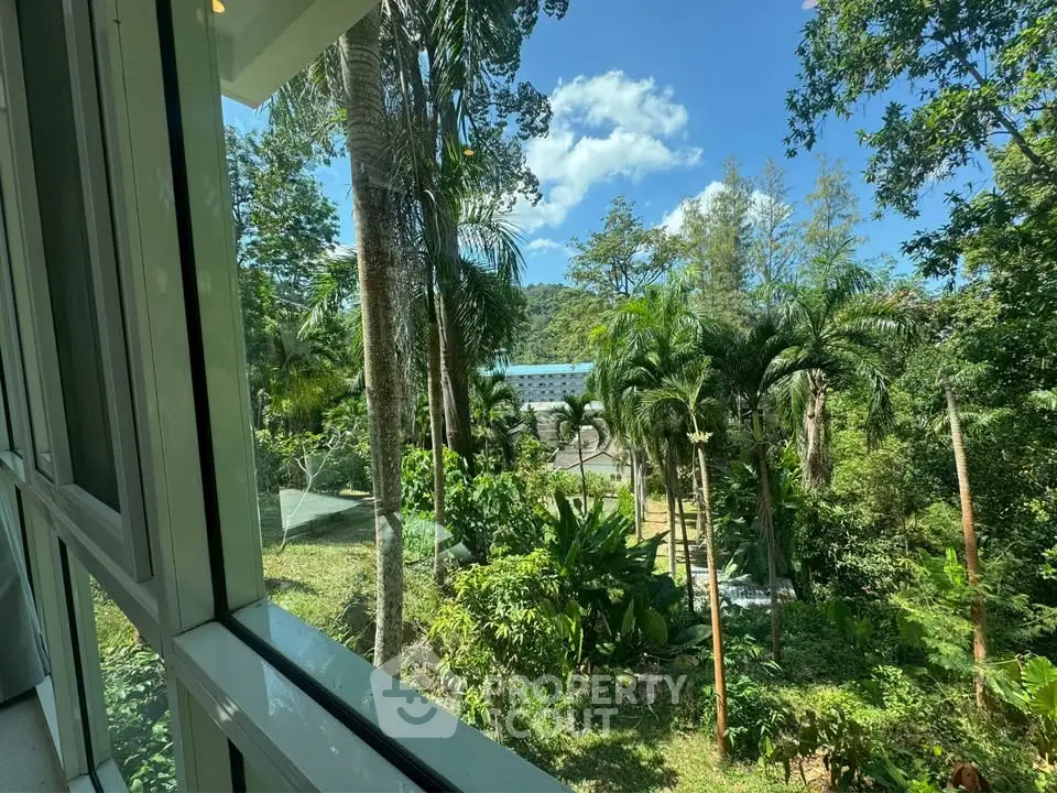Stunning tropical garden view from a modern window, perfect for nature lovers seeking tranquility.