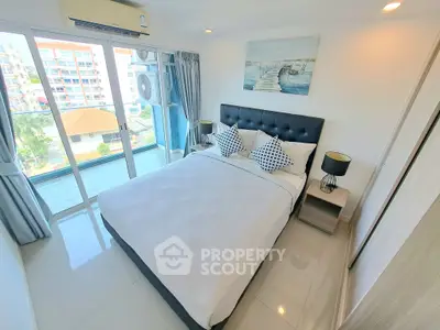 Bright and modern bedroom with balcony view in a stylish apartment