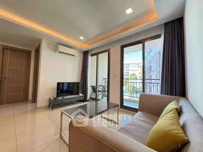Modern living room with balcony view in stylish apartment