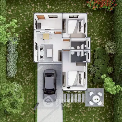 Top view of modern house floor plan with garden and parking space.