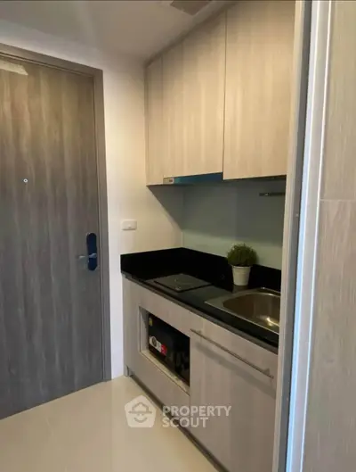 Compact modern kitchen with sleek cabinetry and built-in appliances in a stylish apartment.