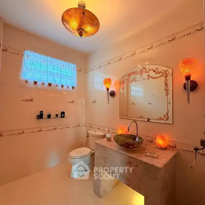 Luxurious bathroom with elegant lighting and stylish fixtures