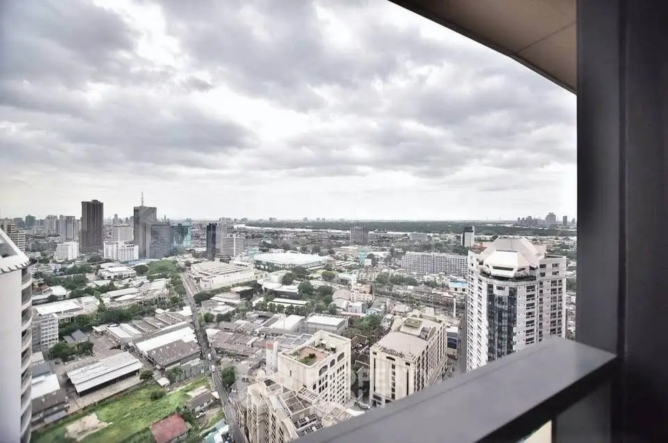 Stunning cityscape view from high-rise balcony showcasing urban skyline.
