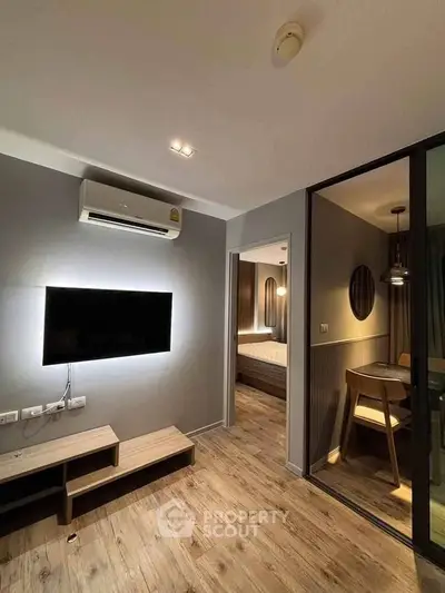 Modern apartment interior with sleek design and cozy dining area