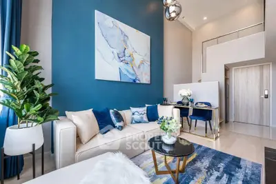 Luxurious modern living room with high ceiling and elegant decor