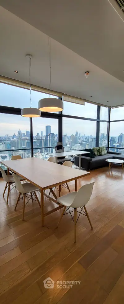 Stunning high-rise living room with panoramic city views and modern furnishings.