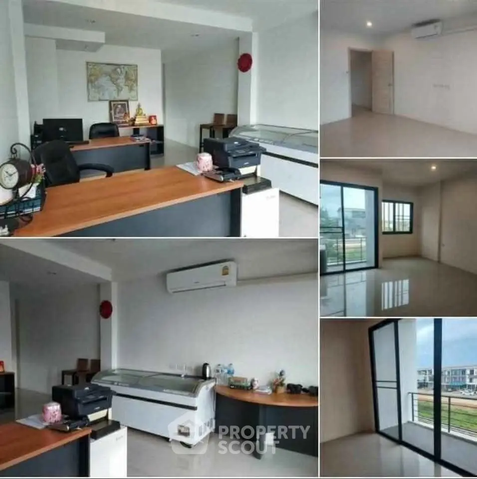 Spacious office space with modern furnishings and large windows offering natural light and city views.